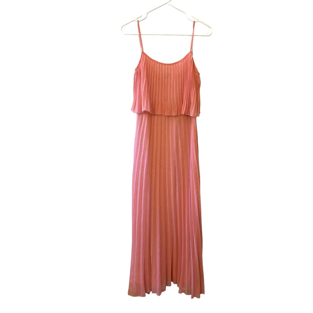 JARLO Metallic Tinsel Pleated Ruffle Maxi Dress Peach Sleeveless Evening Party S
